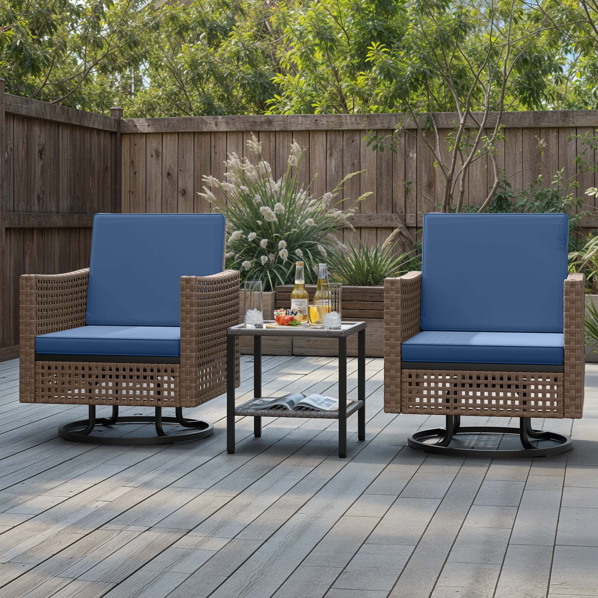 Uforic Patio Swivel Chairs, Outdoor Wicker Swivel Glider Rocking Chairs with Coffee Table and Thick Cushions for Porch Deck - Set of 3, Blue