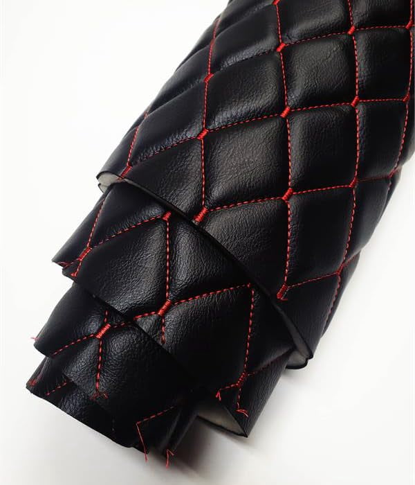 Vinyl Quilted Foam Fabric w 3/8" Foam Backing Upholstery / 52" Wide/Sold by The Yard/ Commercial Quality Upholstery Fabric, Durable Marine & Outdoor Use (Black w Hq Red Thread Yarn, Diamond 2"x3")