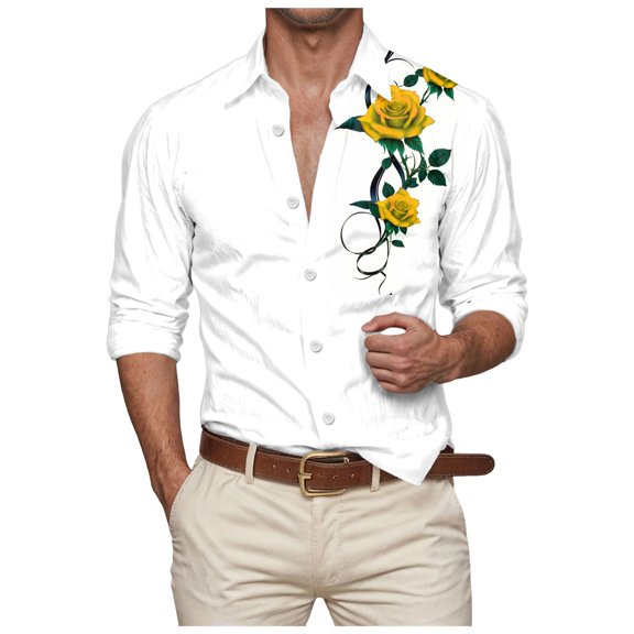 ZTKWD Mens Shirts Rose Floral Printed Long Sleeve Slim Fit Button Down Dress Shirts