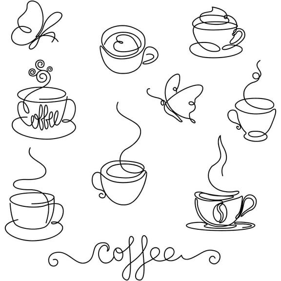 Coffee Wall Art Decals 35x11 Inch PVC Wall Stickers Coffee Tea Butterfly Self Adhesive Wall Murals Wall Art Decal with 10 Pattern