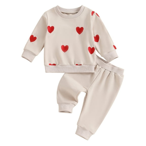 Elippeo Toddler Girls Valentine's Day Outfit 6M 12M 18M 24M 3Y 4Y Heart Embroidery Long Sleeve Sweatshirt and Elastic Pants 2 Piece Set