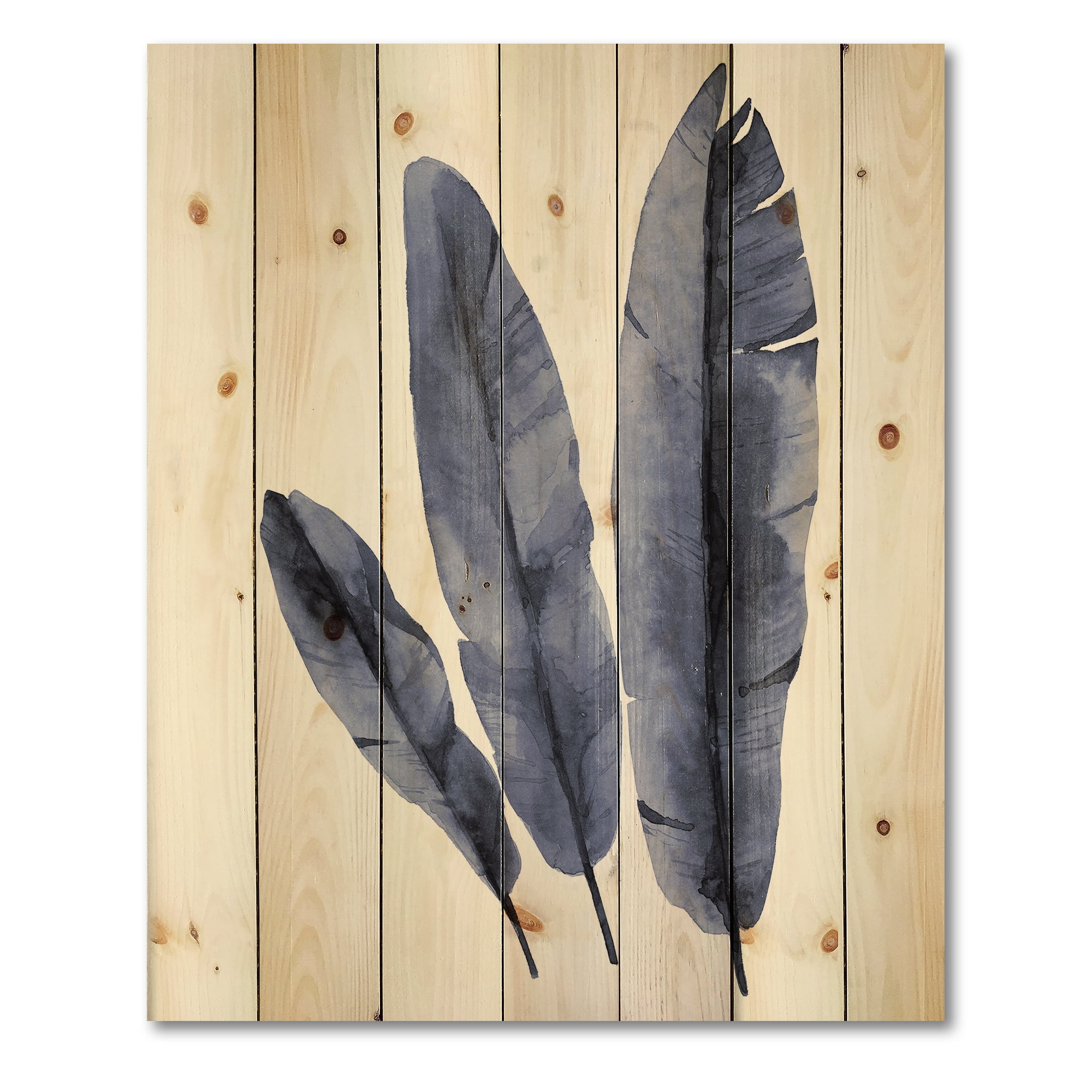 Designart 'Navy Blue Tropical Banana Leaves On White' Tropical Print on Natural Pine Wood