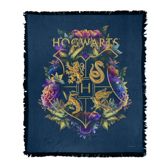 Harry Potter Blanket, 50'x60' Hogwarts Multi-Colored Floral Crest Woven Tapestry Cotton Blend Fringed Throw
