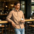 thumbnail image 3 of Stretch Fabric Checkered Long Sleeve Button Up Shirt for Men Classic Gingham Pattern Lapel Collar Regular Fit Lightweight Business Work Casual Easy Outfit Pairing Shirts 3XL, 3 of 4
