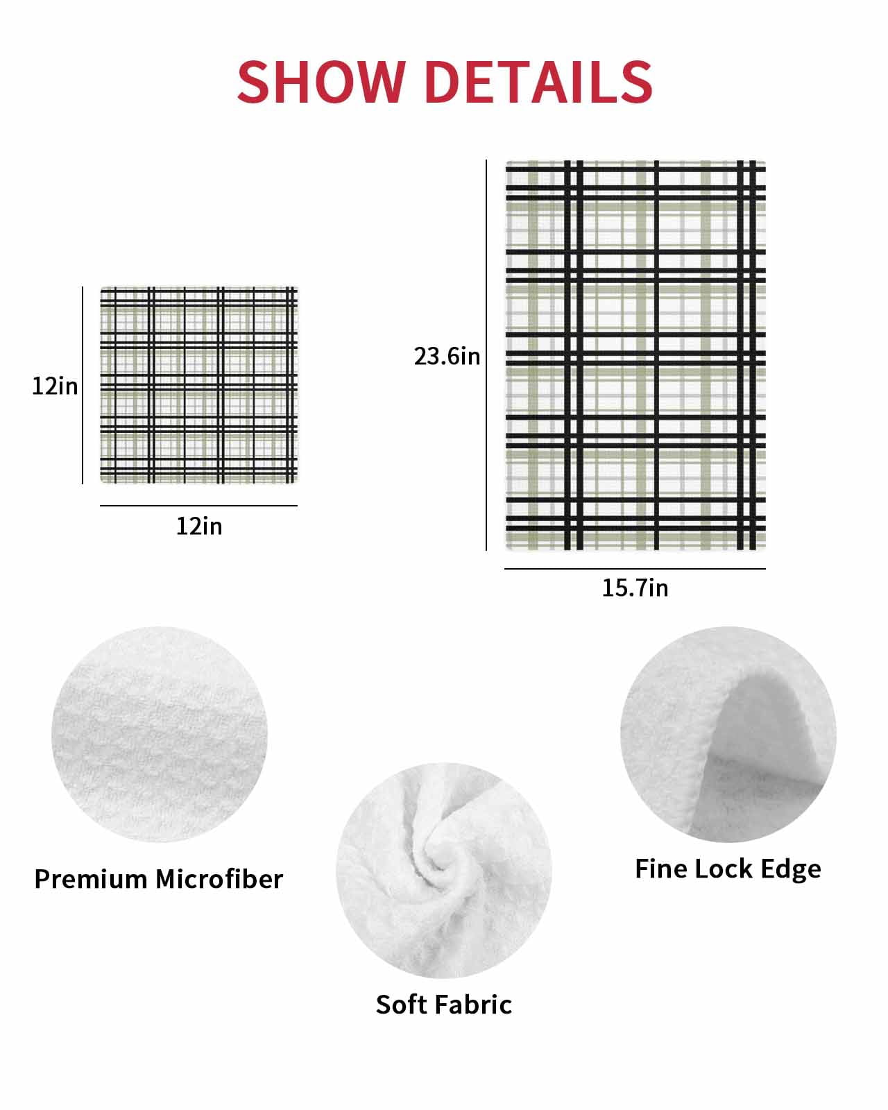 Sage Green Black Plaid Hand Towels Set,Waffle Weave Kitchen Towels 3 Pieces,Microfiber Hair Face Bath Tea Towel Absorbent Quick Drying Cleaning Dish Cloths,Farmhouse Green Black Checkered 15.7"x23.6"