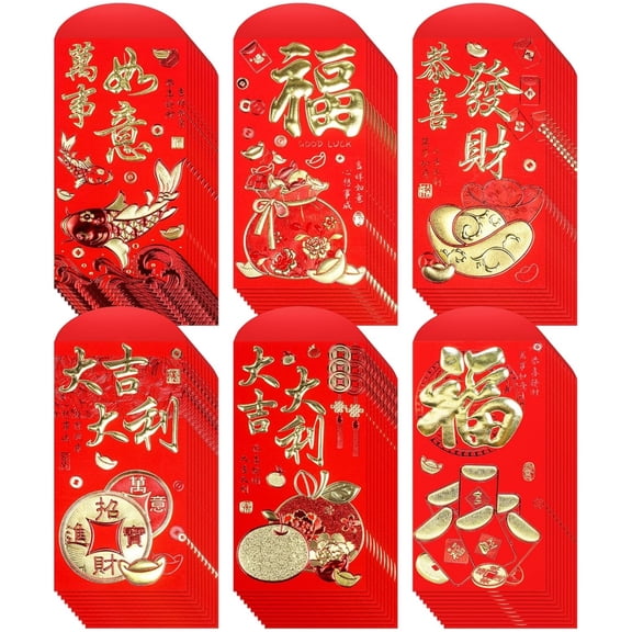Chinese New Year Red Envelopes,Lunar New Year Lucky Money Red Envelopes,Red Packets Hong Bao,Red Pocket with 6 Different Gold Foil Designs for Spring Festival,36 Pcs,Large