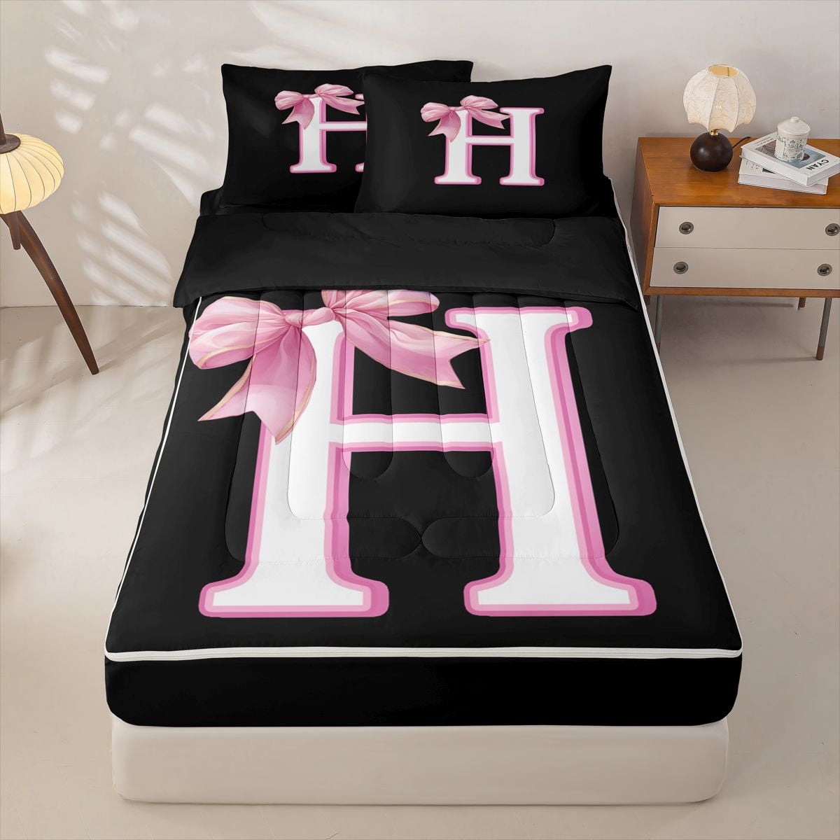 Homewish Pink Letter H Monogrammed Kids Zipper Full Size Comforter Sets with Fitted Sheet and 2 Pillowcases Cute Bowknot Zipper Bedding Set For Bows Lover Black Reversible 4-Piece
