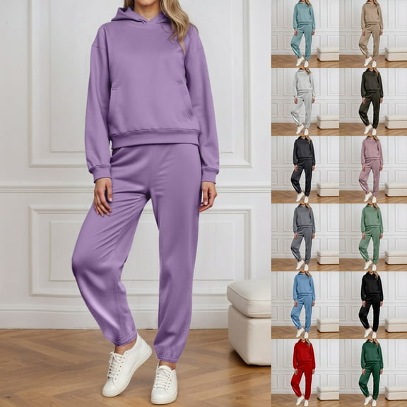 Hooded Athletic Tracksuit-Long Sleeve Sweatshirt Drawstring Sweatpants Lounge Set Women Sweatsuit Pullover Hoodie Tops and Pants Set Casual Sports Tracksuit Athletic Jogging Suits - Black