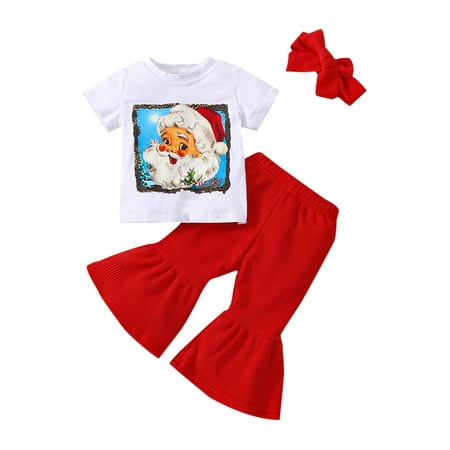 

LWXQWDS Christmas Infant Toddler Baby Girls 3Pcs Clothes Santa Claus Print Short Sleeve T Shirt+Flare Pants+Headband Sets Red 6-12 Months