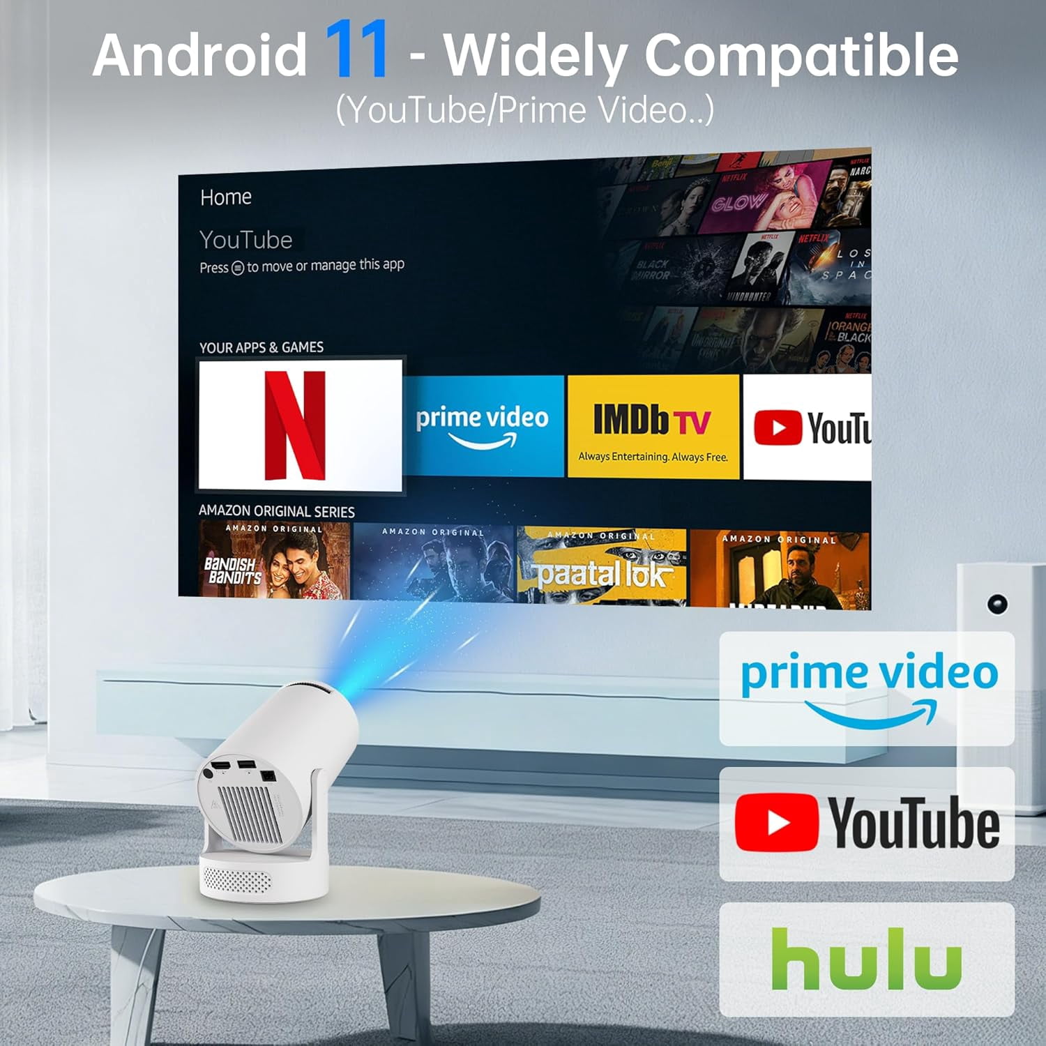 Projector with WiFi 6  5.4, 170 ANSI Portable 1080P Support, Android 11 Auto  210 Rotatable Home Theater