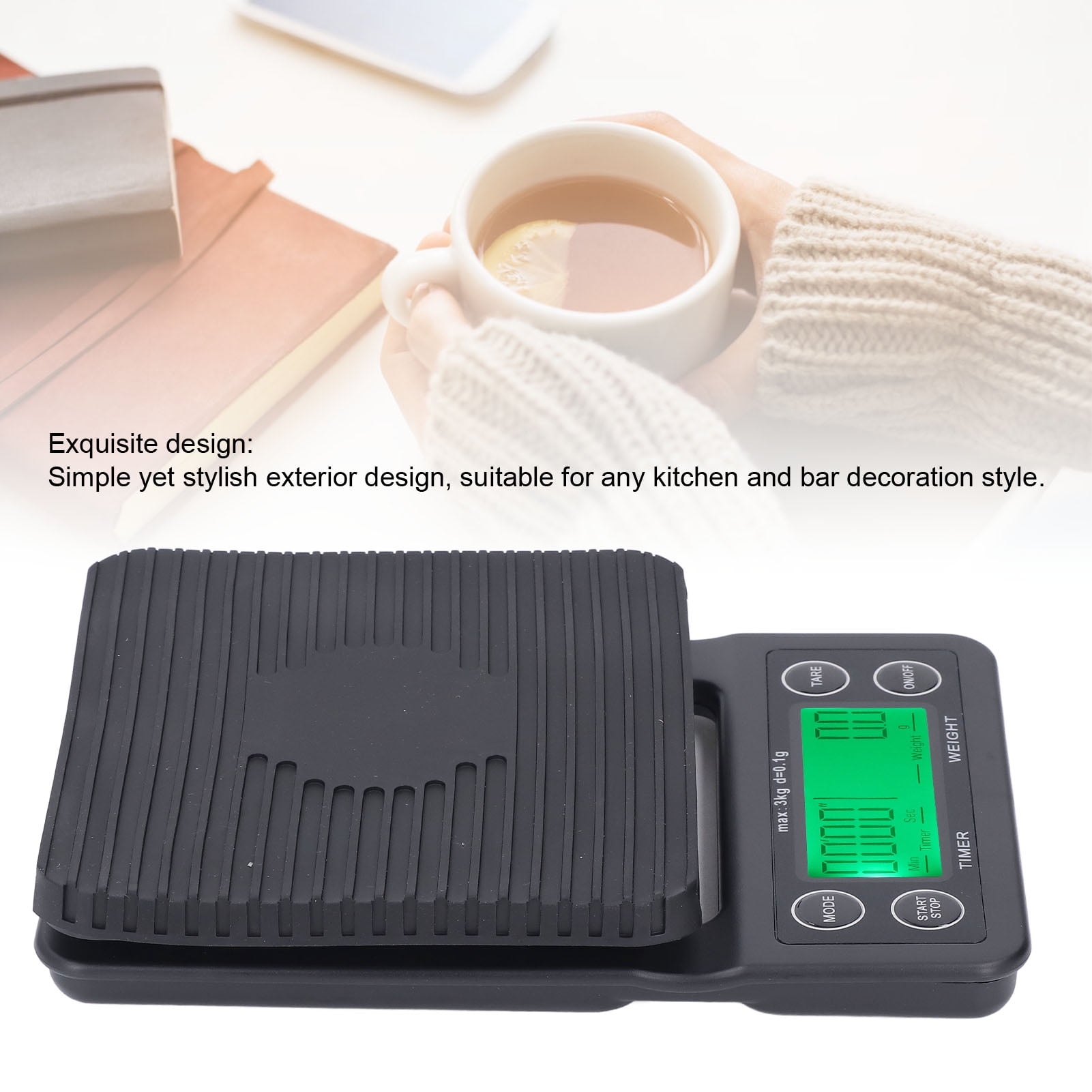 Rupoun Digital Coffee Scale and Built-In Timer, 3kg Range with High 0.1g Accuracy, Multi Functional Kitchen Food Weight Scale Perfect for Home Pour Over Brewing, Coffee Shop, or Travel Use
