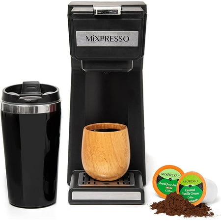Mixpresso Single Serve Coffee Maker with K Cup Pods 14oz Travel Mug Reusable Filter and 30oz Removable Water Tank