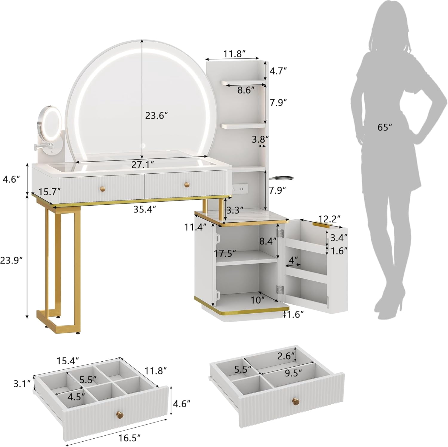 iPormis Makeup Vanity Desk with Round Mirror and Lights, 5x Magnifying Makeup Mirror, Dressing Table w/Power Outlets, Doorshelves & Adjustable Storage,White