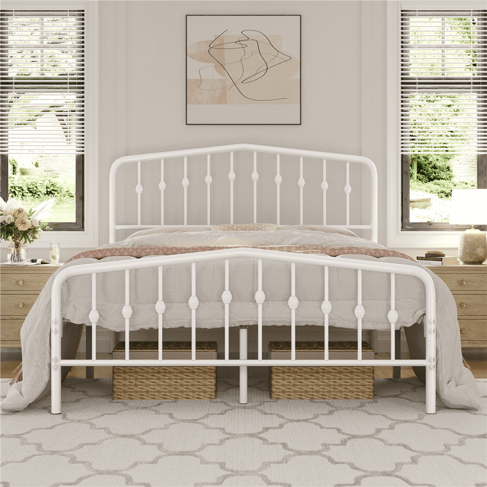 Renwick Modern Queen Size Metal Platform Bed with Arched Headboard and Footboar, White, Adult