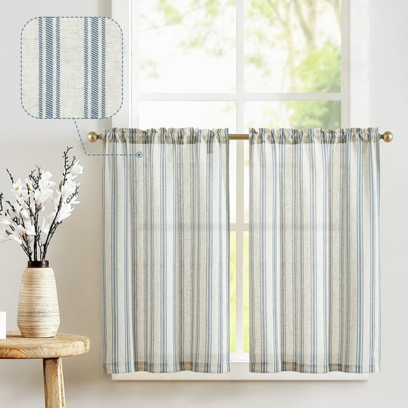 CURTAINKING Striped Kitchen Curtains Linen Cafe Curtains Semi-Sheer Farmhouse Tier Curtains 26x24 inch 2 Panels Short Curtains Rod Pocket Blue on Beige