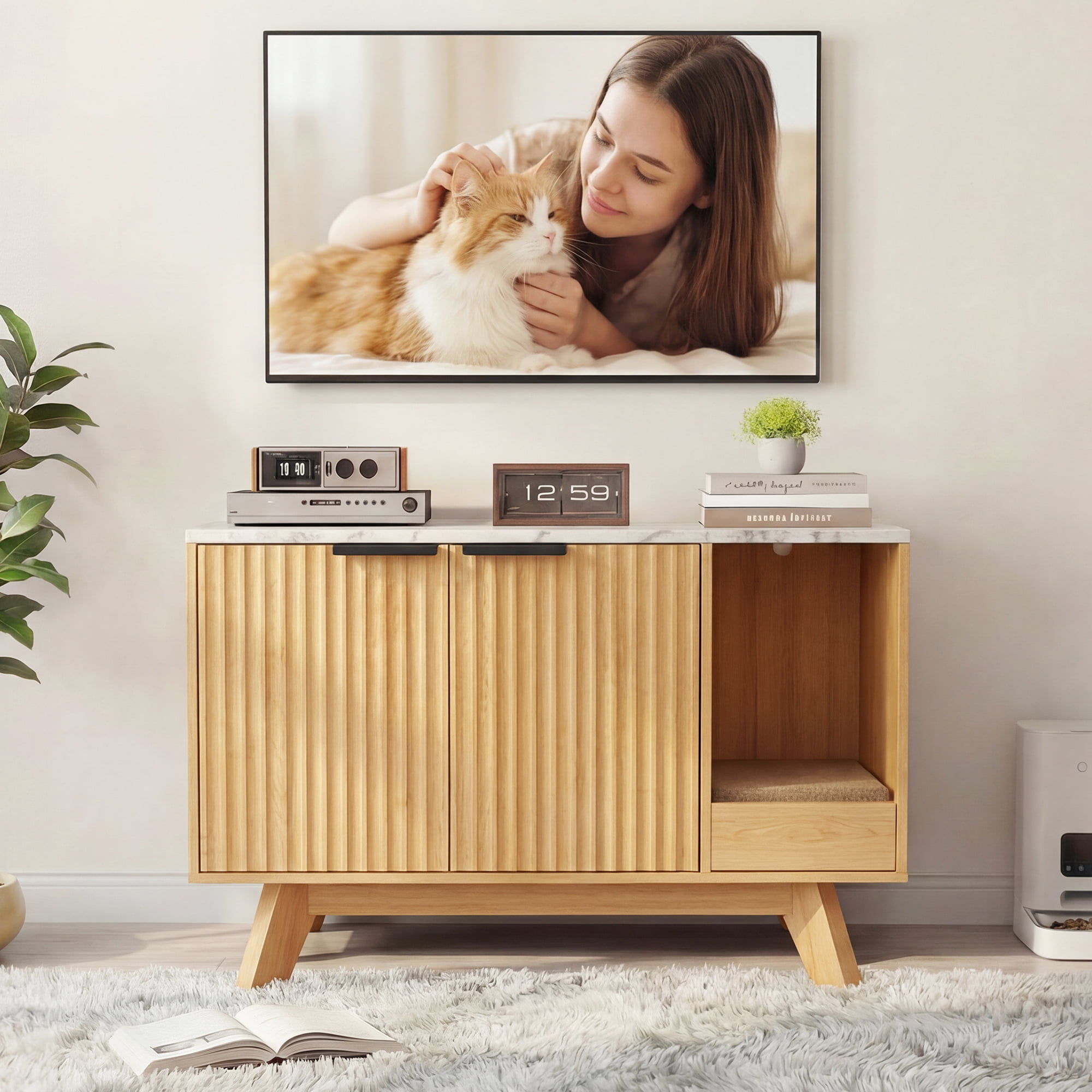 YDN Modern Litter Box Enclosure for Cats- 31.5" Indoors Hidden Cat Litter Box Furniture for 2 Cats, Wooden Cats Washroom Side Cabinet with Scratching Pad for Most Cat Litter Box,Nature