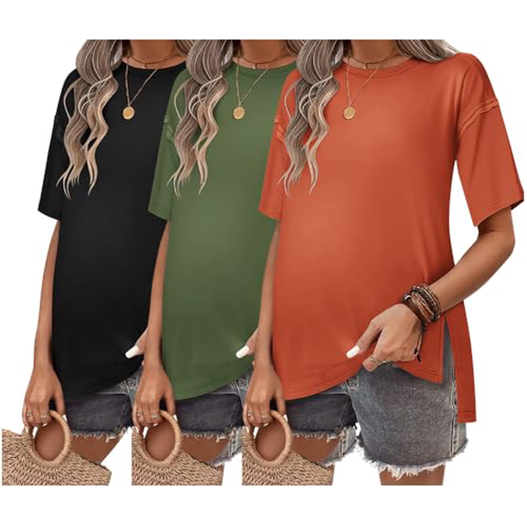 EKOUAER Maternity Shirts 3 Packs Short Sleeve Womens Pregnancy Tops Split Side Postpartum Blouse Clothes