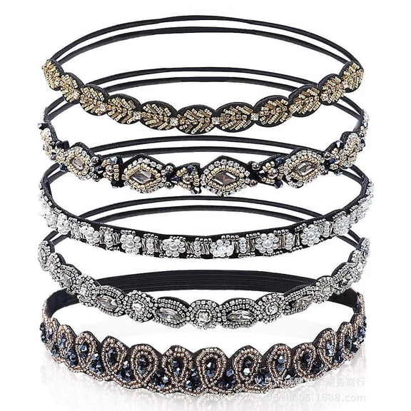 5Pcs Rhinestone Beaded Headbands, No Slip Jeweled Head Wraps Women Girls Hair Headbands