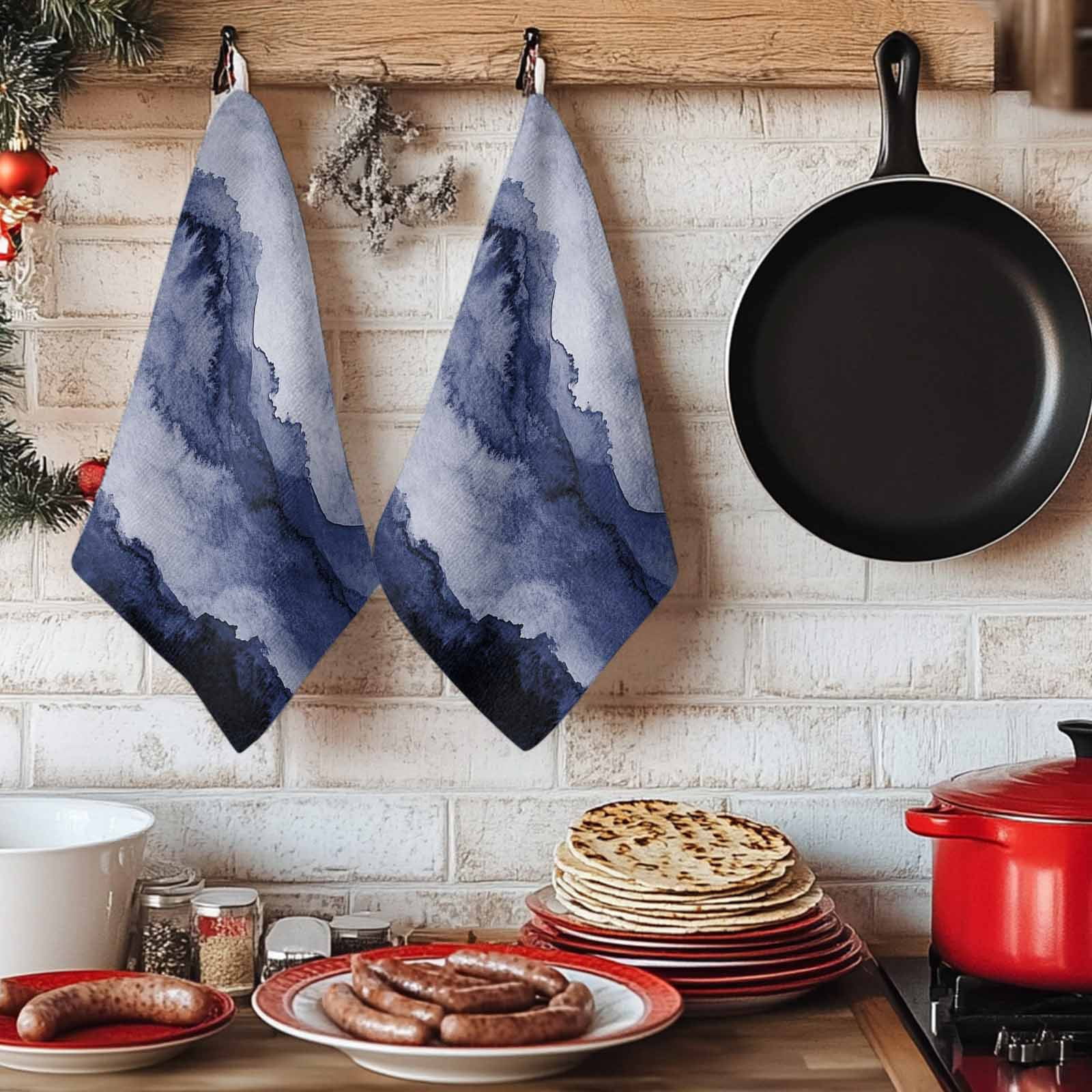 Dish Towels, Navy Blue Mountain Absorbent Kitchen Towels 2 PCS, Ombre Abstract Natural Microfiber Hand Towels Dish Cloths Tea Towels for Home&nbsp;Bathroom Cleaning Drying,18X28-Inch,