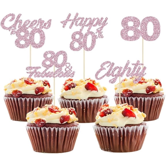 12pcs Pink Glitter Happy 80th Birthday Cupcake Toppers Eighty Cheers to 80 Years Old Birthday Food for 80th Wedding Anniversary Party Cake Decorations