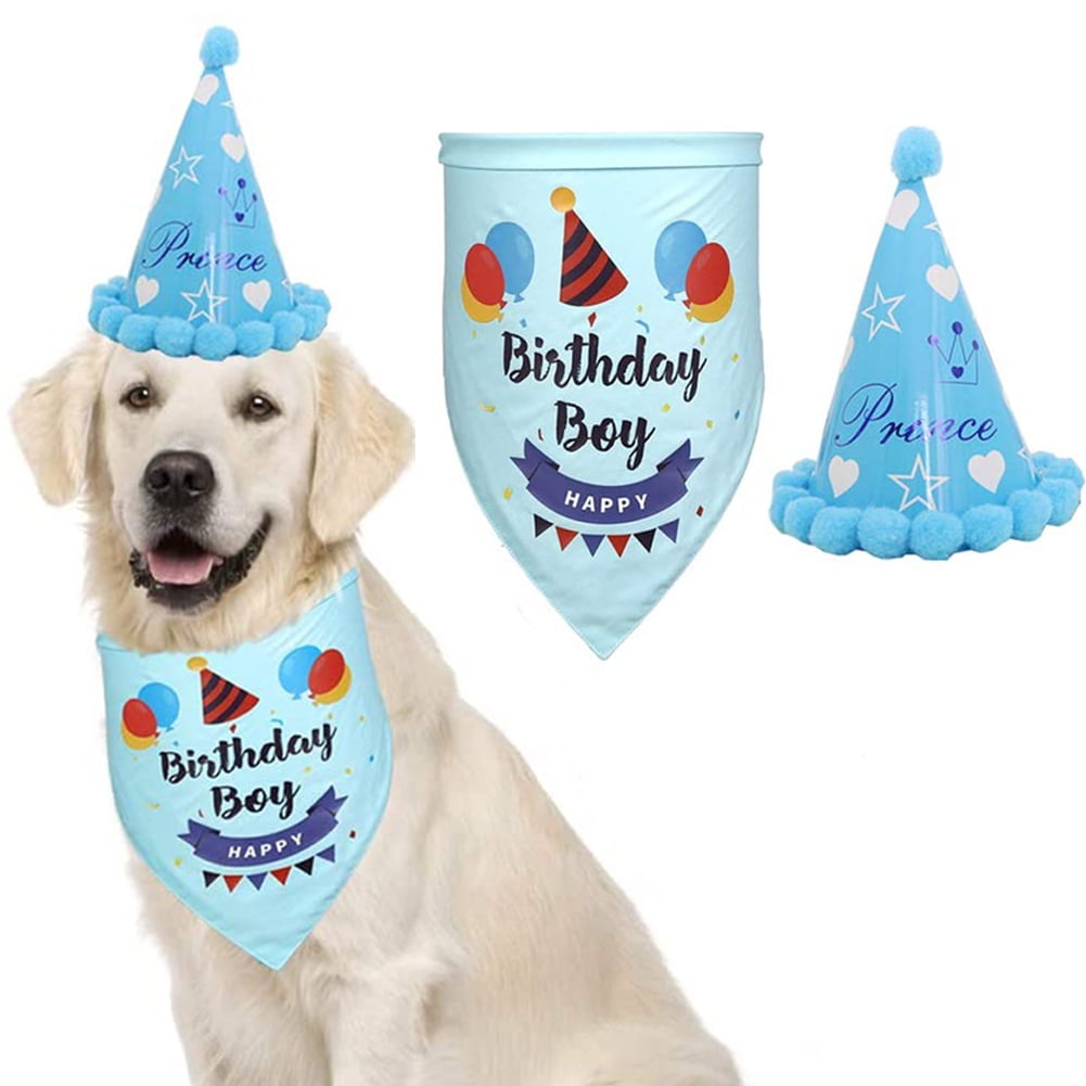 BINGPET Dog Birthday Bandana and Hat Birthday Boy Scarf and Birthday Party Hat Set Best Birthday Gift for Pet Puppy 