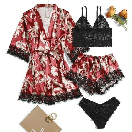 Levmjia Summer Pajamas for Women Clearance Women Plus Size Sexy Lingerie Silk Robe Satin Bathrobe Four-piece Set Sleepwear Pajamas