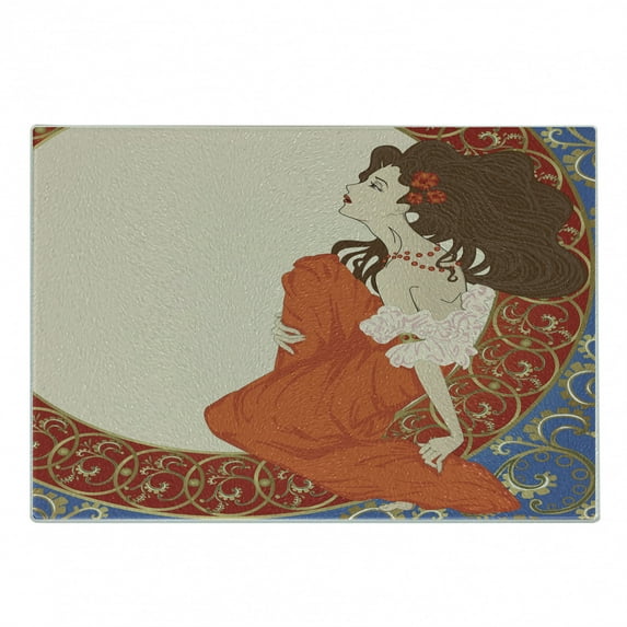 Art Nouveau Cutting Board, Antique Woman in an Old Fashioned Medieval Dress Floral Rich Framework Print, Decorative Tempered Glass Cutting and Serving Board, Small Size, Multicolor, by Ambesonne