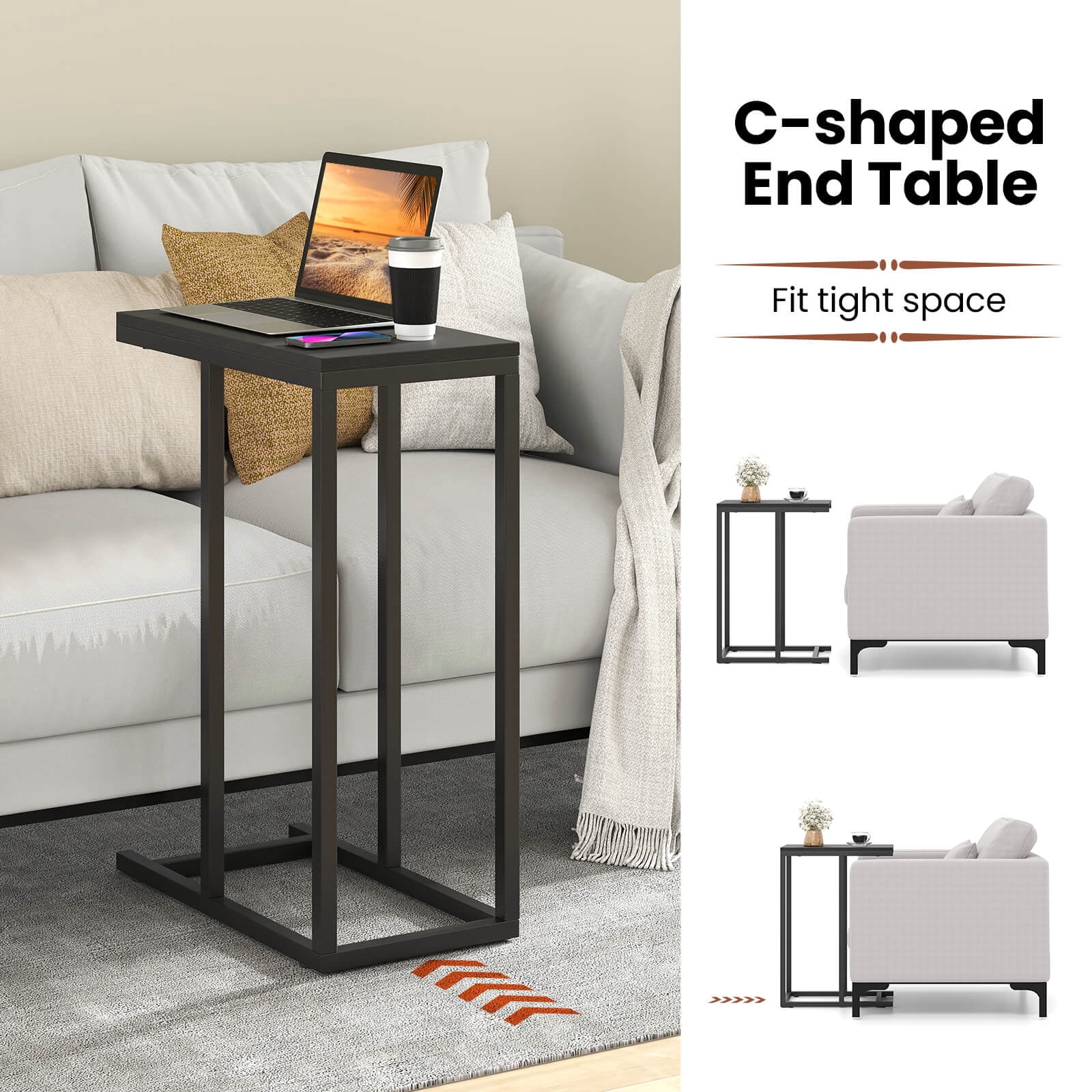 Costway Coffee Tray Sofa Side End Table Ottoman Couch Console Stand TV Lap Snack Black