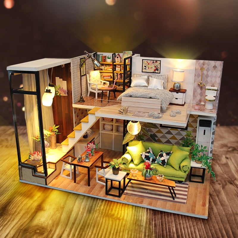 LED Light Wooden 3D DIY Dollhouse Miniature Furniture Doll House Kids Toys Gift 