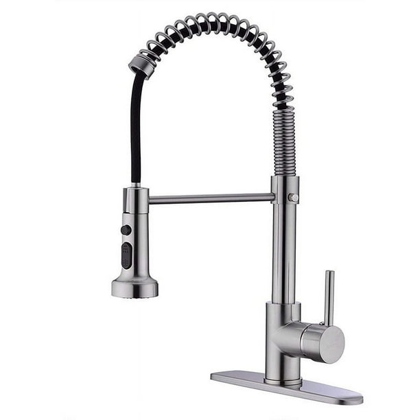Grifo de cocina con rociador desplegable de arco alto, manija única, grifo de fregadero de cocina con resorte, níquel cepillado, grifos de cocina modernos de acero inoxidable