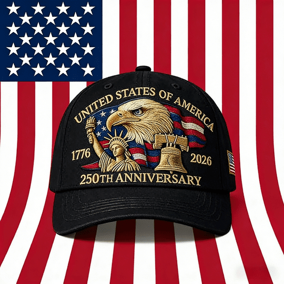 U.S. 250th Anniversary Tribute Hat, Adjustable Vintage Washed Baseball Cap Featuring Printed Eagle, Black