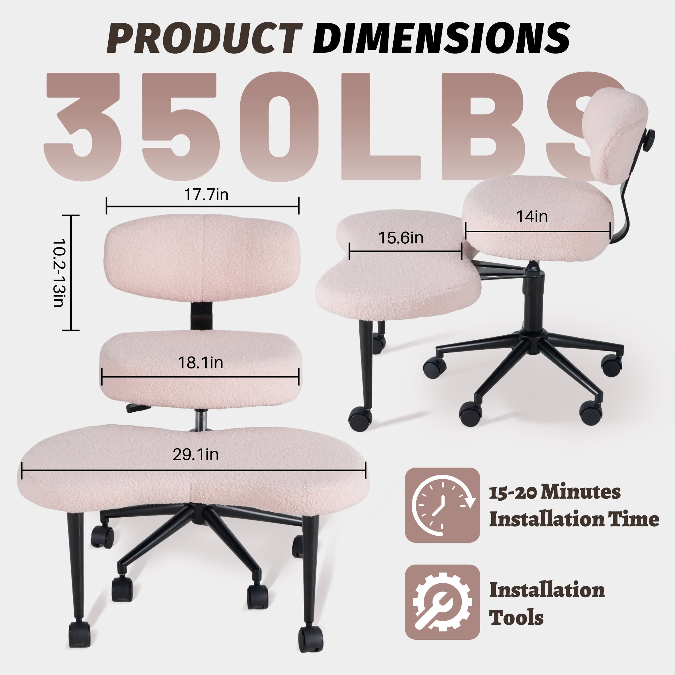 edx Ergonomic Cross Legged Swivel Chair with Back Support, Adjustable Height Meditation Chair, 360° Rotating Footrest, Rolling Office Floor Chair, Pink