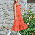 thumbnail image 4 of Girl Ruffle Dresses, Tween Summer Solid Color Sleeveless Tiered A-Line Sundress, Long Maxi Beach Boho Dress Baby Girl Christmas Dress Orange 12Y, 4 of 6