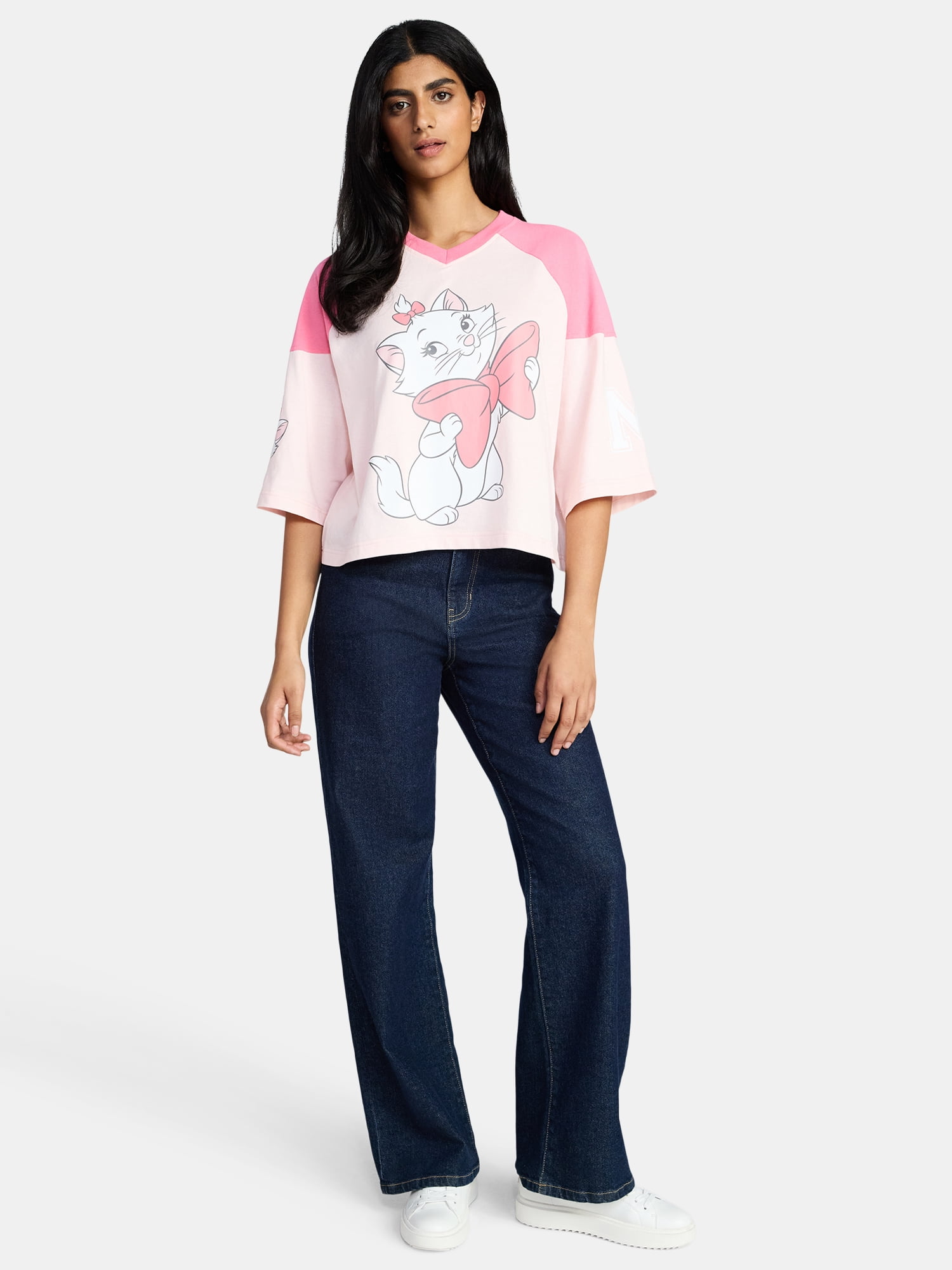 Marie the Cat Women's Varsity Graphic Tee with Elbow Sleeves, Sizes XXS-XXL