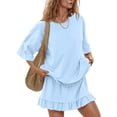 thumbnail image 4 of Daznico Women's Ruffle Hem Pajama Set, Oversized Short Sleeve Top & Skort, Casual Sleepwear,L, 4 of 6
