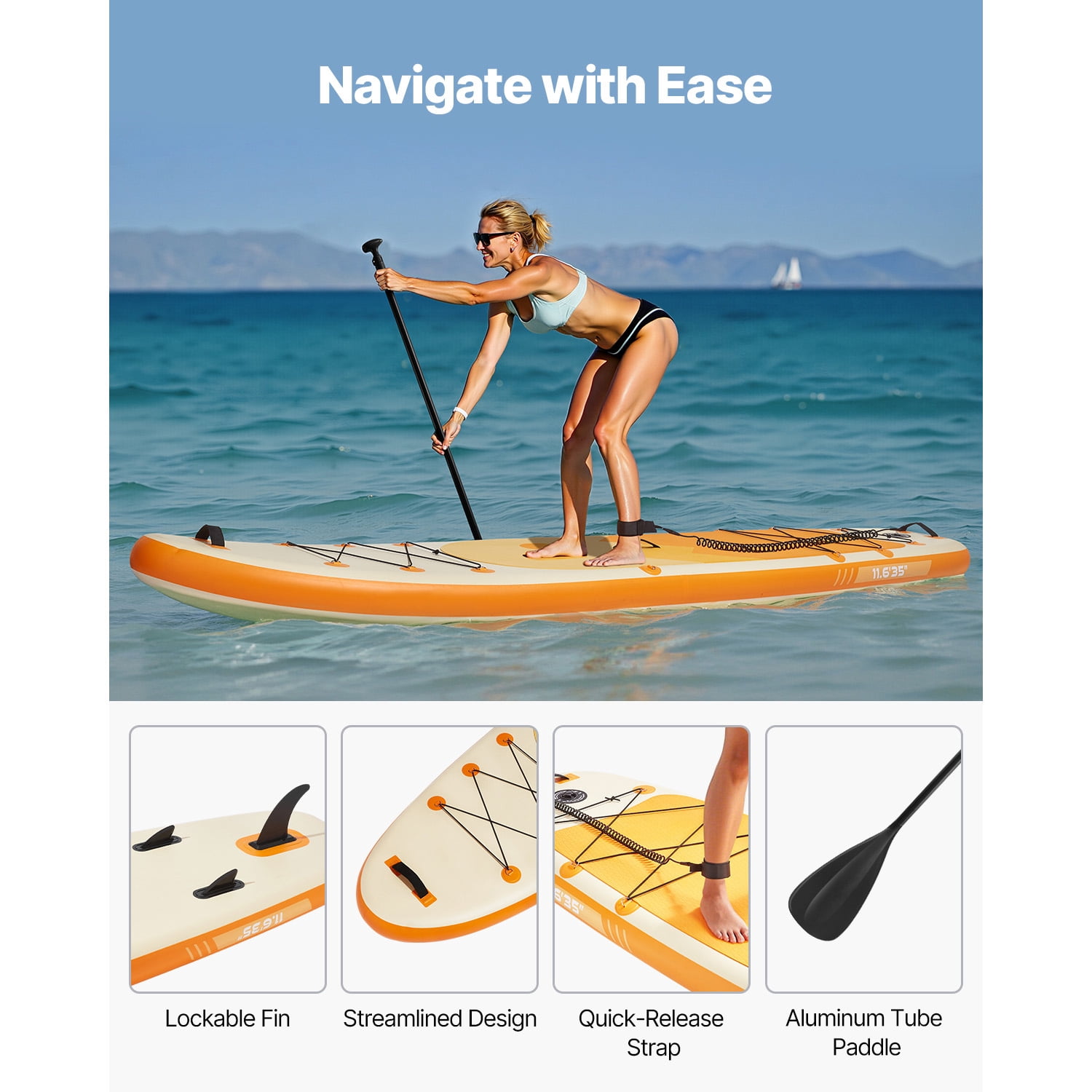 KFFKFF Inflatable Stand Up Paddle Board, 11.6' x 35" x 6" Wide Lightweight SUP, Complete Set with Pump, Paddle, Fin, Backpack, Ankle Leash, Strap, Non-slip Deck for Teens & Adults
