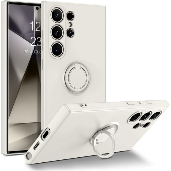 for Samsung Galaxy S24 Ultra Case, Liquid Silicone Soft Gel Rubber Slim Coverage with Ring Kickstand Car Mount Function Shockproof Protective Phone Case for Galaxy S24 Ultra 6.8", White