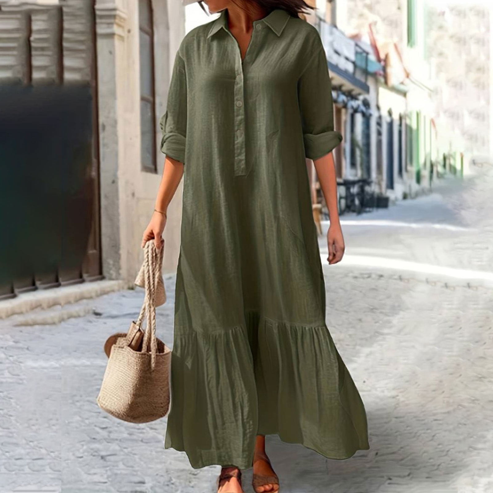 Women Cotton Linen Long Sleeve Button Lapel Maxi Shirt Dress Plus-size Layered Ruffled Hem Dress for Daily Wear