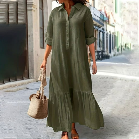 Guieoi Dress for Women under $10.00 Plus Size Fashionable Women's Long Sleeve V-Neck Solid Color Loose Fitting Dress Green Black*Friday/Cyber*Monday