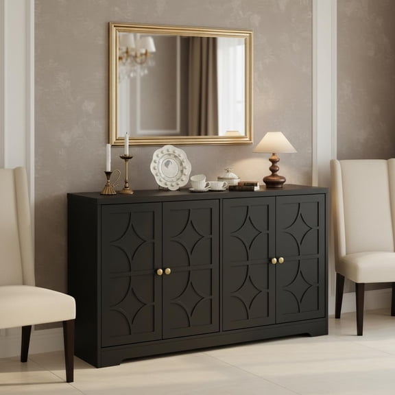 56 Inch Sideboard Buffet Cabinet with 4 Carved Doors, Adjustable Shelves, Heavy-Duty Top Panel, Storage Credenza for Kitchen, Dining Room, Entryway, Living Room ,Black