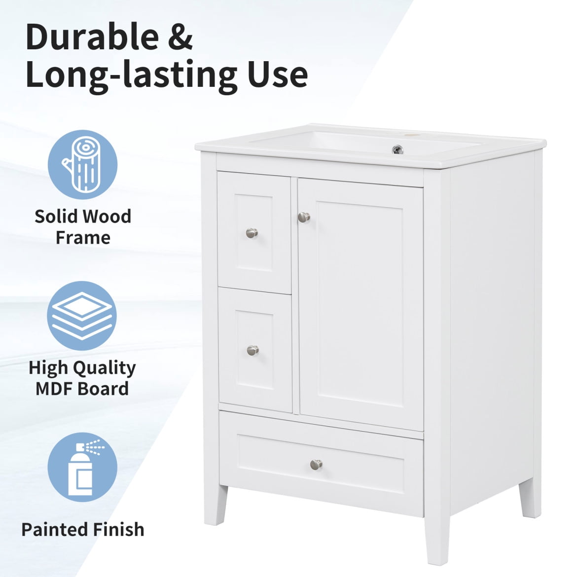 24 Inch Bathroom Vanity with Sink, Solid Wood Bathroom Sink Vanity Cabinet with Removable Dividers Drawers and Adjustable Shelves, Small Bathroom Sink Cabinet, White