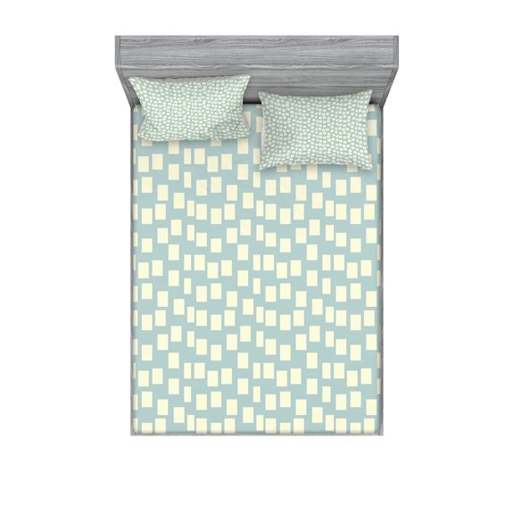 Ambesonne Modern Fitted Sheet & Pillow Sham Set, Big Small Squares Tile, Full, Pale Blue Cream
