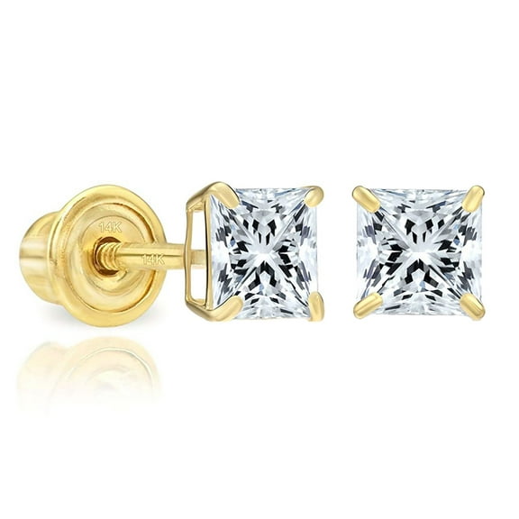 14k Yellow Gold Cubic Zirconia Princess Cut Stud Earrings with Screw Backs