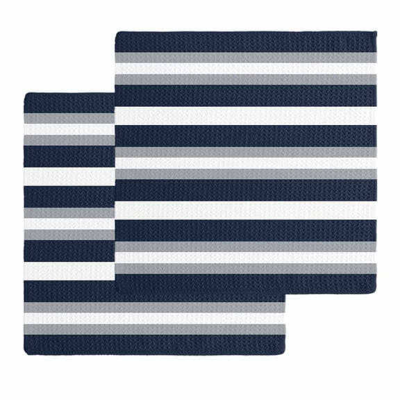 Navy Blue Grey Striped Kitchen Dish Towels for Drying Dishes Set of 2, Farmhouse Stripes Minimalist Waffle Weave Microfiber Hand Tea Bathroom Towels Quick Dry & Absorbent Towel 12x12
