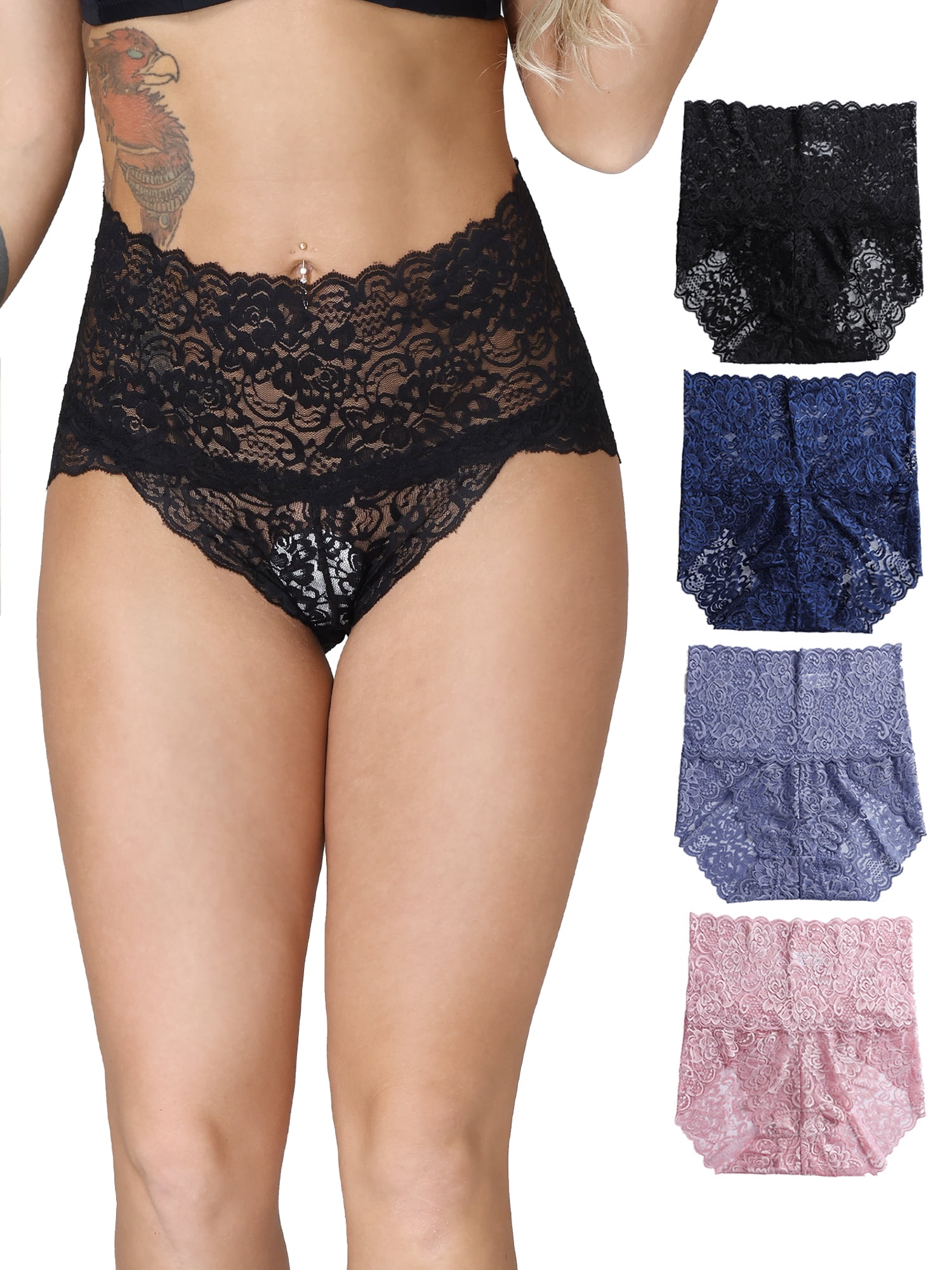 MIER MIER Women’s Sexy Lace Panties High Waist Underwear Briefs Cheeky Boyshort, 4 Pack
