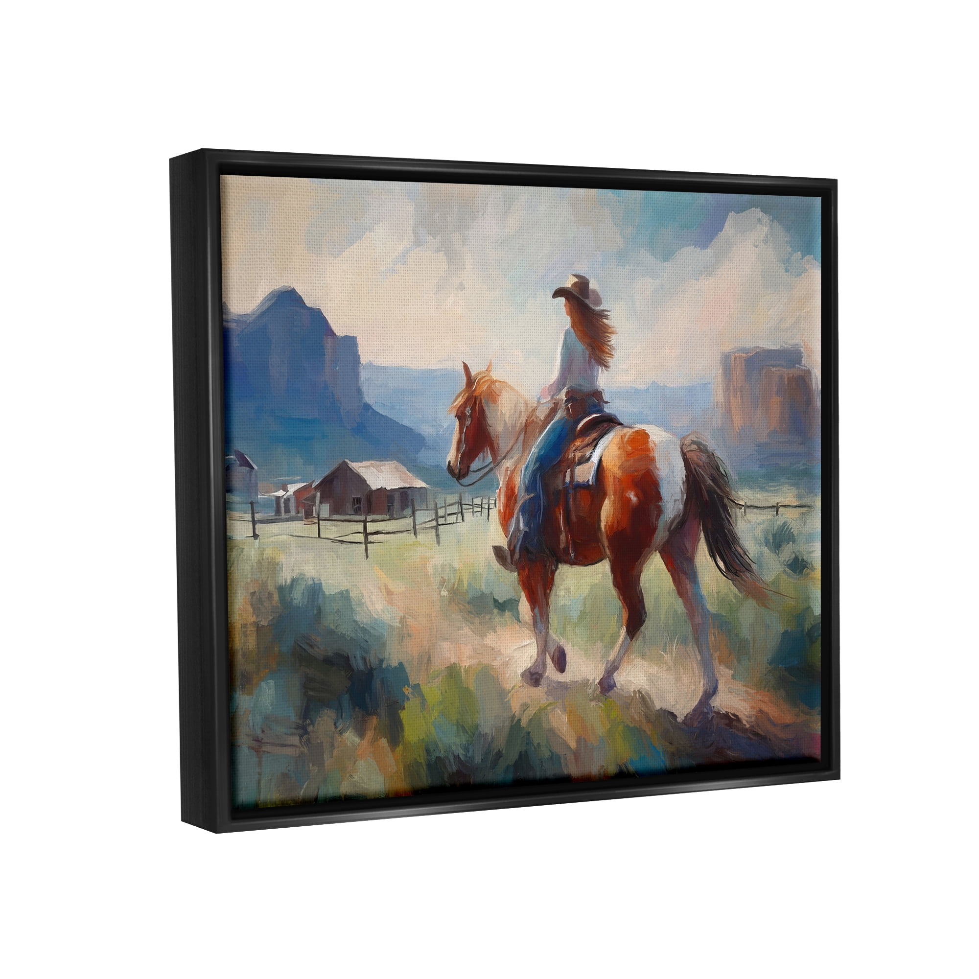 Stupell Industries Southwestern Cowgirl Landscape Animals & Insects Painting Black Floater Framed Canvas Art Print Wall Art, 31 x 25