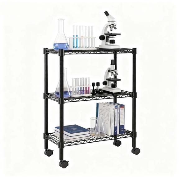3-Tier Black Wire Shelving - Steel Rack & Shelf with Wheels, 1.5" Rolling Casters for Pantry Office Storage