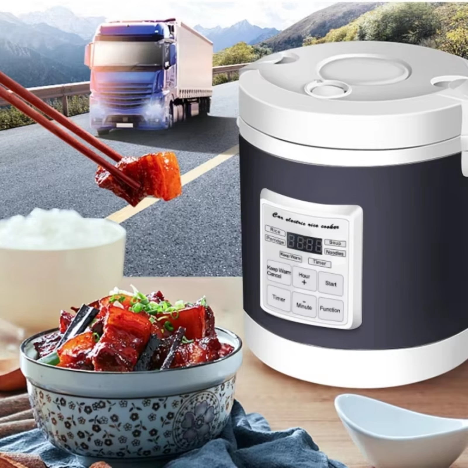 Portable 12V/24V Quick Heating Rice Cooker Rice Cooking Appliance Car Rice Cooker Suitable for Vehicle and Household Use