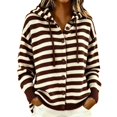 thumbnail image 2 of Women Hooded Button Front Knit Cardigan Top,Striped Outerwear Knitted Hooded,Oversized Drawstring Long Sleeve Loose Soft Sweater Coat,Fall Winter Warm Daily Blouse Business Casual Outfits Brown, 2 of 4