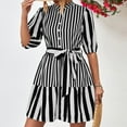 thumbnail image 4 of Wycnly Womens Dresses Fashion Button up Loose Flowy Swing A Line Mini Dresses with Belt Summer Striped Print Crewneck Elbow-Length Formal Short Dress Black m, 4 of 7